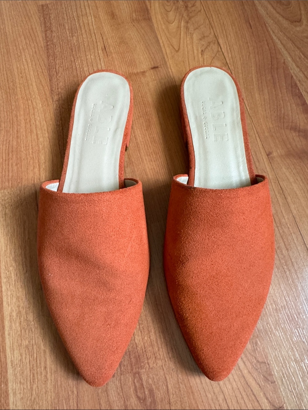Able Orange Suede Pointed Toe Mules